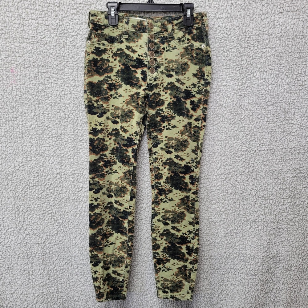 Anthropologie Pilcro Floral Camo Corduroy Skinny Pants Green Button Fly Size 26